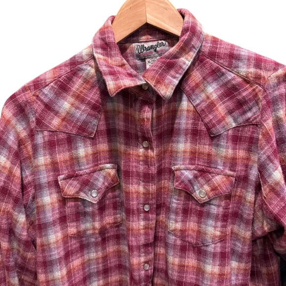 Wrangler Wrancher Shirt Pearl Snap Womens XL Maroon Plaid Long Sleeve Western - Picture 3 of 10